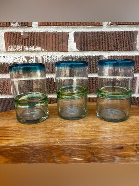 Mexican Hand Blown Green Blue Glass Tumblers thick Glasses Stripes Set of 3